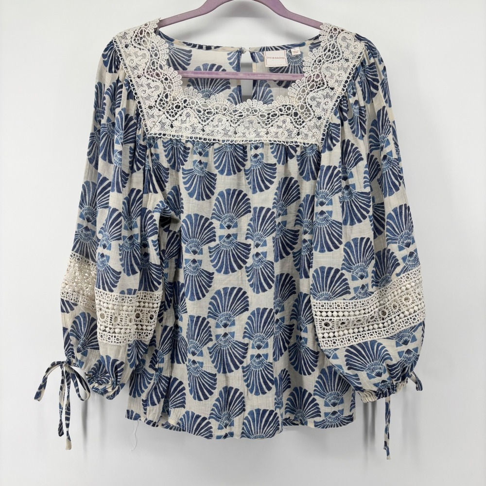 Zac & Rachel Blue Shell Print Crochet Lace Square Neck Balloon Sleeve Blouse L